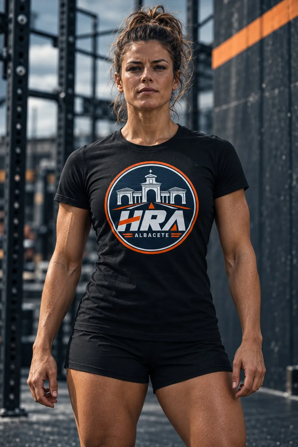 Mujer con la camiseta negra de Hybrid Race Albacete, con el emblema en el pecho