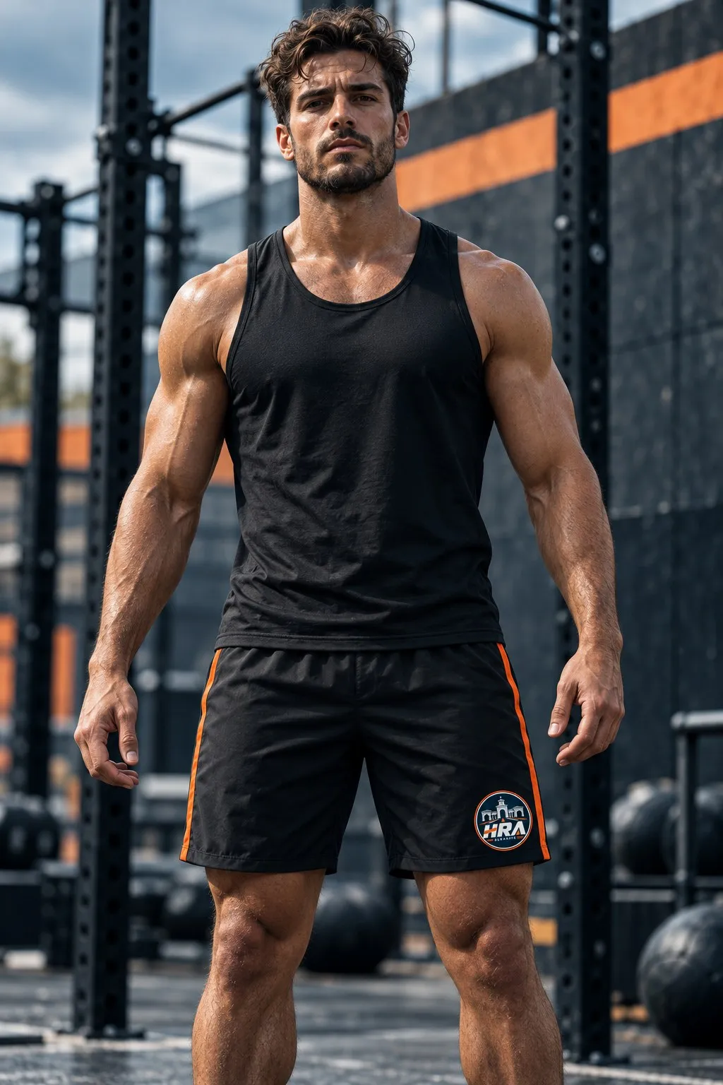 Hombre con el pantalón corto negro de Hybrid Race Albacete, con franja lateral naranja y el emblema en la pernera