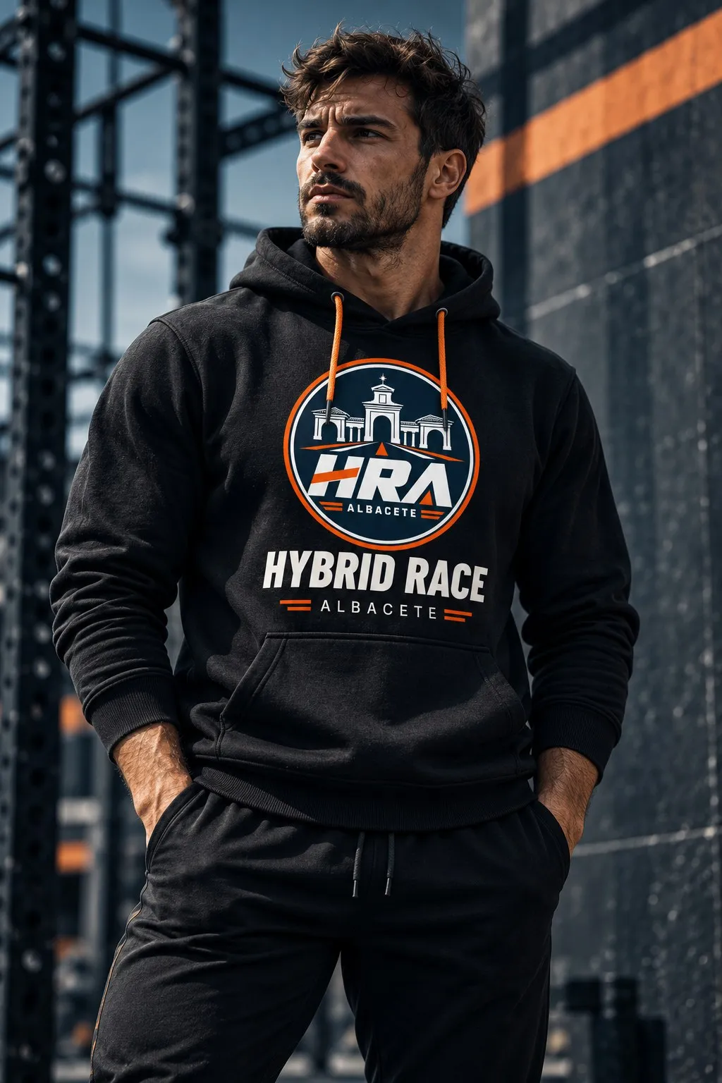 Hombre con la sudadera negra de Hybrid Race Albacete, con el logo de la colección en el pecho y cordones naranjas