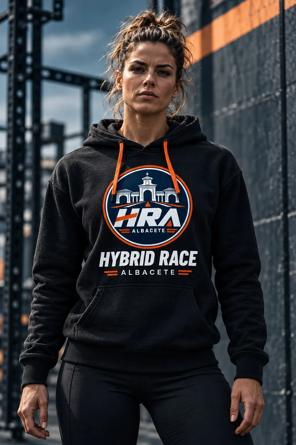 Mujer con la sudadera negra de Hybrid Race Albacete, con el logo de la colección en el pecho y cordones naranjas