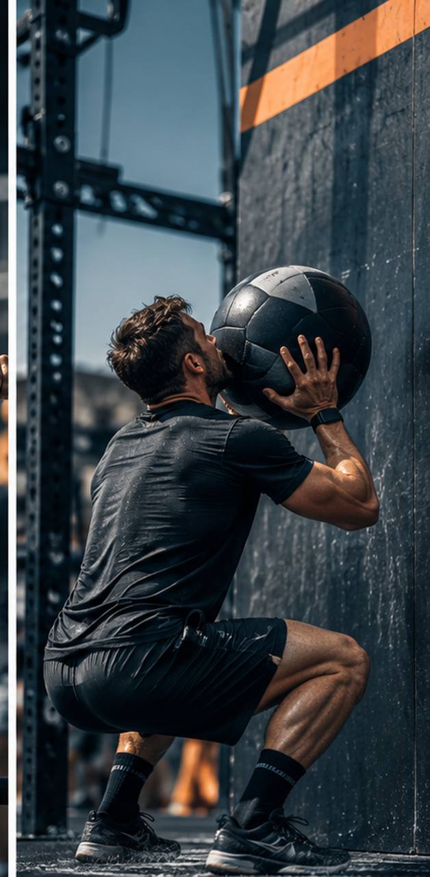 Atleta entrena la fuerza con un balón medicinal